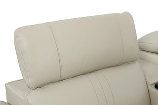 Beige leather sofa with a headrest on a white background