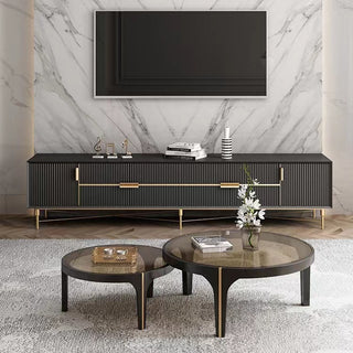 black frame golden accents glass round coffee table