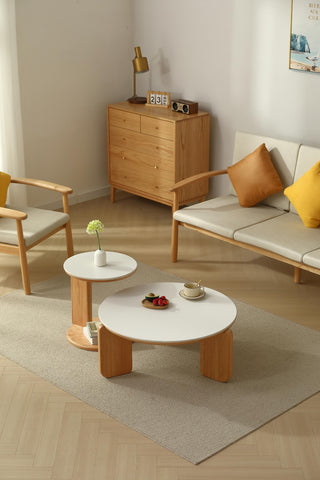 elio wooden round coffee table oak wood white top