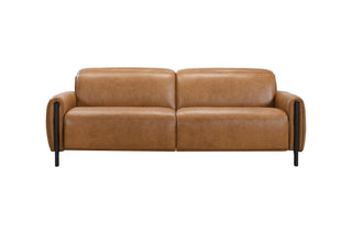 Brown full leather sofa with black legs on a white background