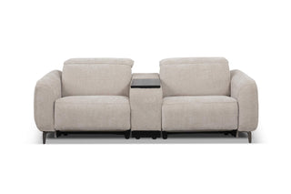 Beige sectional sofa with reclining feature on a white background