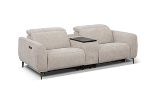 Beige sofa with a small table on a white background