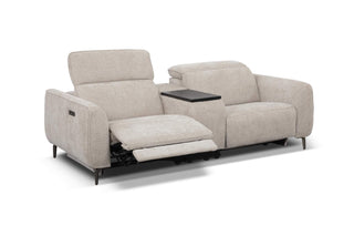 Beige recliner sofa with cup holder on a white background