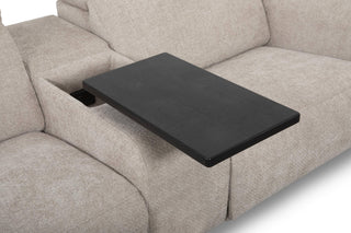Sofa with a black tray attached to it