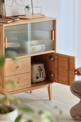 leon oak cabinet with sliding glass