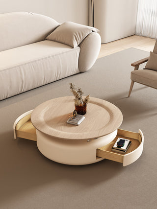 leona round wooden coffee table drawers
