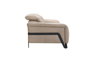 Beige leather sofa with black accents on a white background