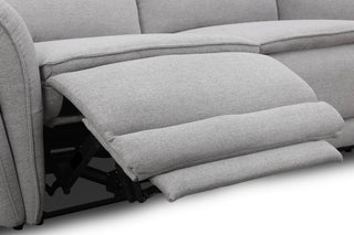 Gray recliner sofa with one seat reclined on a white background