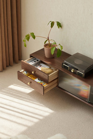 sleek lucer walnut tv stand five legs