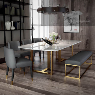 white marble dining table with bench