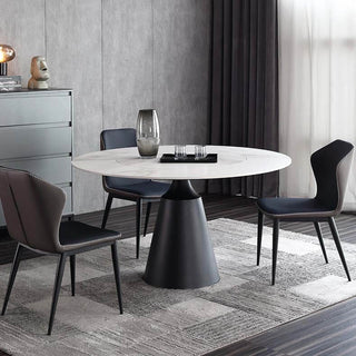 white sintered stone round dining table black steel leg