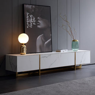 white sintered stone tv console gold trim