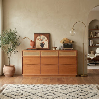 9 drawer chest of drawers in a room with decor elements like a plant, lamp, and books.