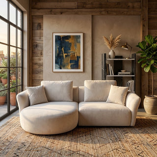 A modern chaise sofa in a warm cream or light beige fabric, styled in a rustic, warm-toned living room with wood paneling, a large window, and a patterned rug.