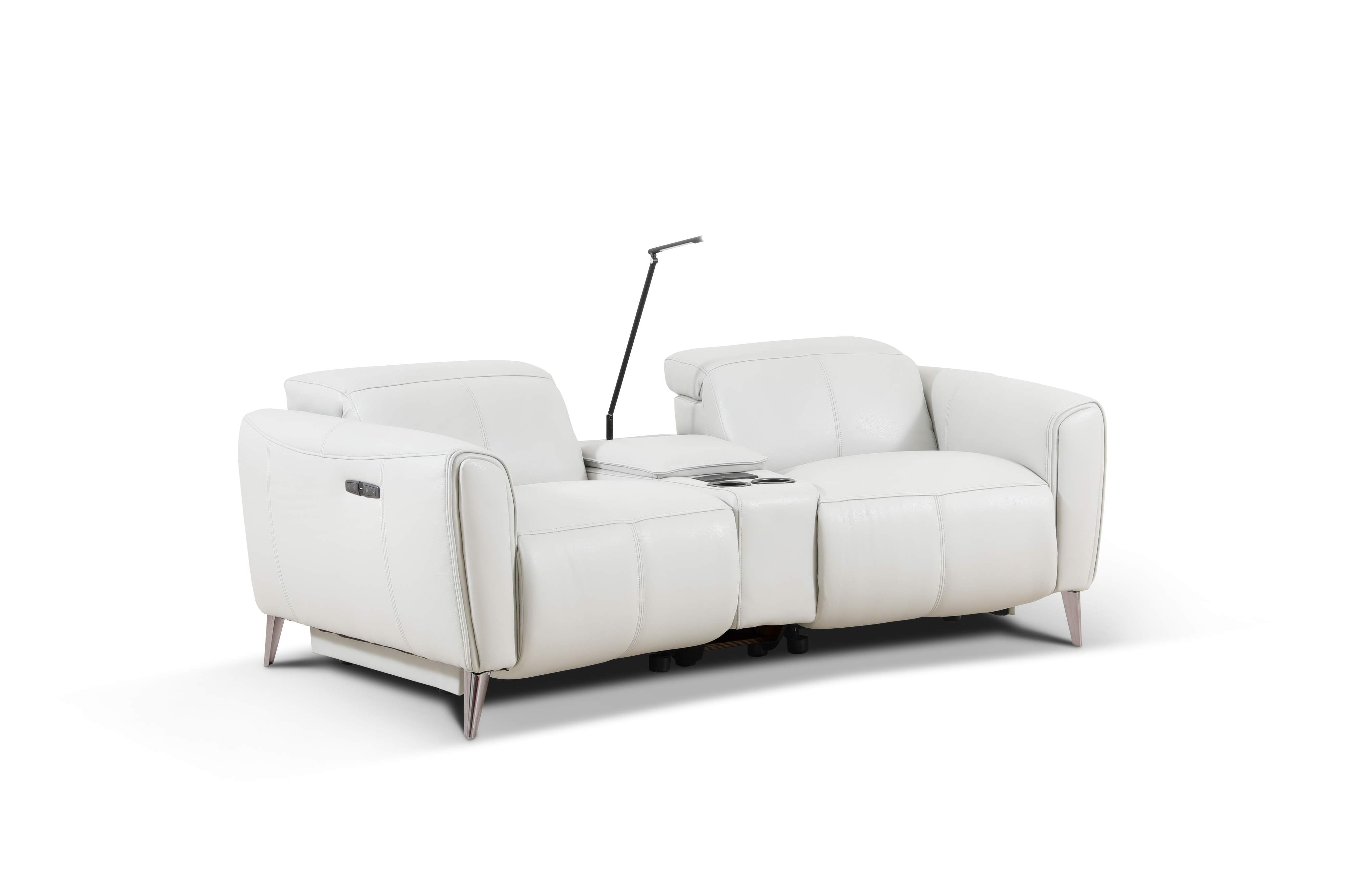 A modern electric recliner sofa with a white upholstery, featuring a minimalist design and built-in USB ports.