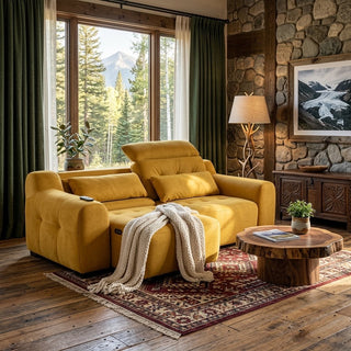 A mustard yellow sofa sliders in a rustic mountain lodge living room with a stone wall, large windows showing pine trees, a wooden coffee table, and a cream knit throw blanket.