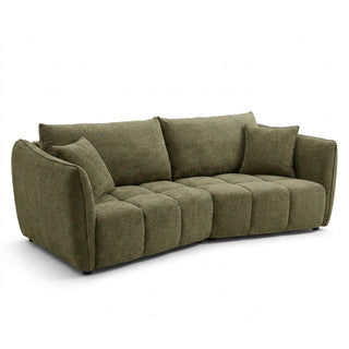 An olive green upholstered sliding sofa with two matching throw pillows, shown from a three-quarter angle on a solid white background.