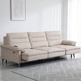 Beige Extendable Couch in a modern living room setting with a light gray floor and white walls.