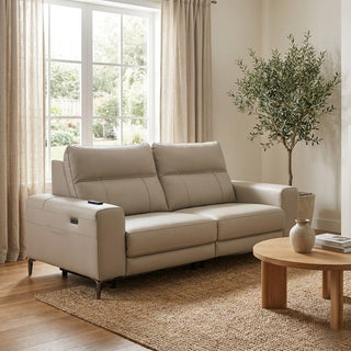 Beige extendable sofa in a living room with a coffee table and decorative plant.