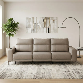 Beige extendable sofa in a modern living room with abstract art and a plant.