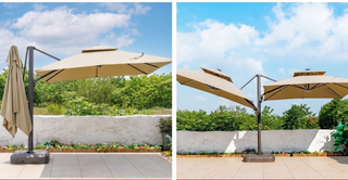 Beige patio umbrella on a stand with a scenic background of trees and sky.