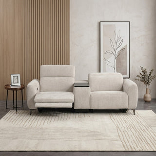 Beige recliner sofa in a modern living room with a neutral color palette.