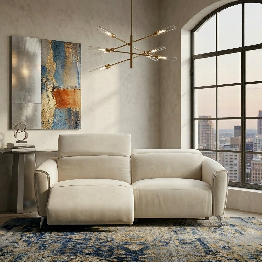 Beige recliner sofa in a modern living room with abstract art and large window.