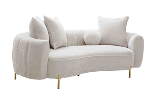 Beige sofa with decorative cushions on a white background