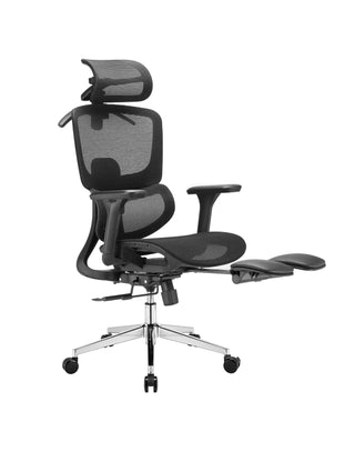 Black ergonomic office chair with headrest and footrest on a white background