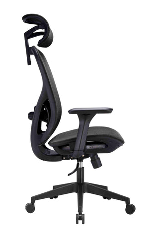 Black office chair with adjustable headrest and armrests on a white background