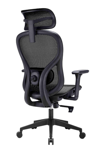 Black office chair with mesh back and adjustable armrests on a white background