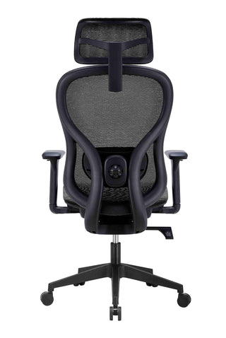Black office chair with mesh back and headrest on a white background