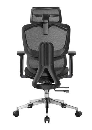 Black office chair with mesh backrest on a white background