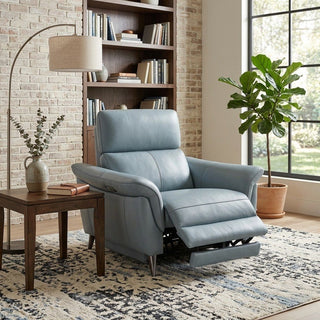 Blue recliner chair in a living room setting with a bookshelf, lamp, and plant.