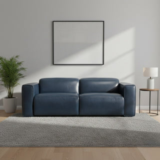 Blue sofa in a modern living room with a plant and lamp.