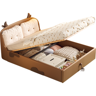 Brown bed with open drawers revealing bedding and accessories on a white background