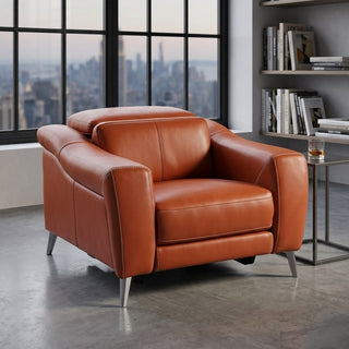 Brown leather electric armchair in a modern room with large windows and bookshelf.