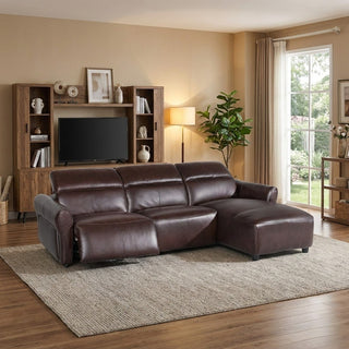 Brown leather sectional sofa in a living room with a TV stand and decor.