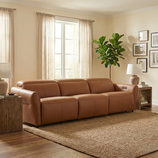 Brown leather sofa in a living room with a plant, lamps, and framed pictures.