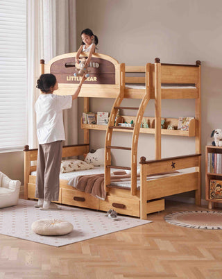 Children playing on a wooden bunk bed in a room with a rug and books.