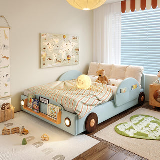 Children's room with a blue car-shaped bed, teddy bear, and toys.