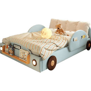 Children's bed designed like a car with teddy bear and books