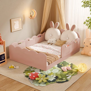 Children's room with a pink rabbit-themed safe bed and decorative elements.