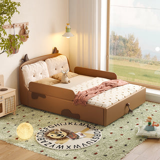Children's bed with storage space in a bright room with a window and rug.