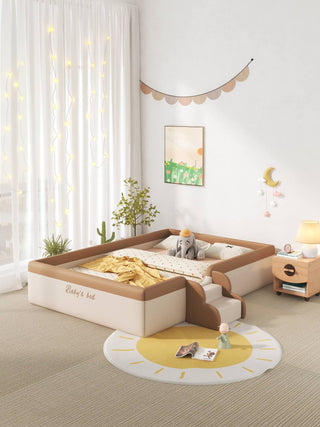 Children's bedroom with a bed, nightstands, and decorative elements.