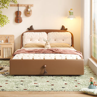 Children's bedroom with a brown bed, white pillows, and pink blanket on a green rug.