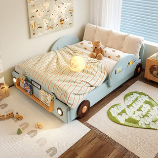 Children's room with a blue car-shaped bed, teddy bear, and decorative items.