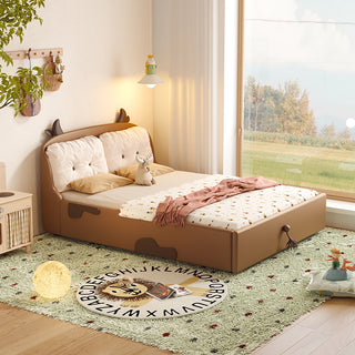 Children's room with a brown bed, rug, and toys near a window.