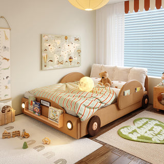 Children's room with a brown bed shaped like a car, teddy bear, and toys.