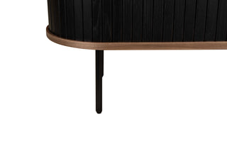 Close-up of a black and wood coffee table on a white background